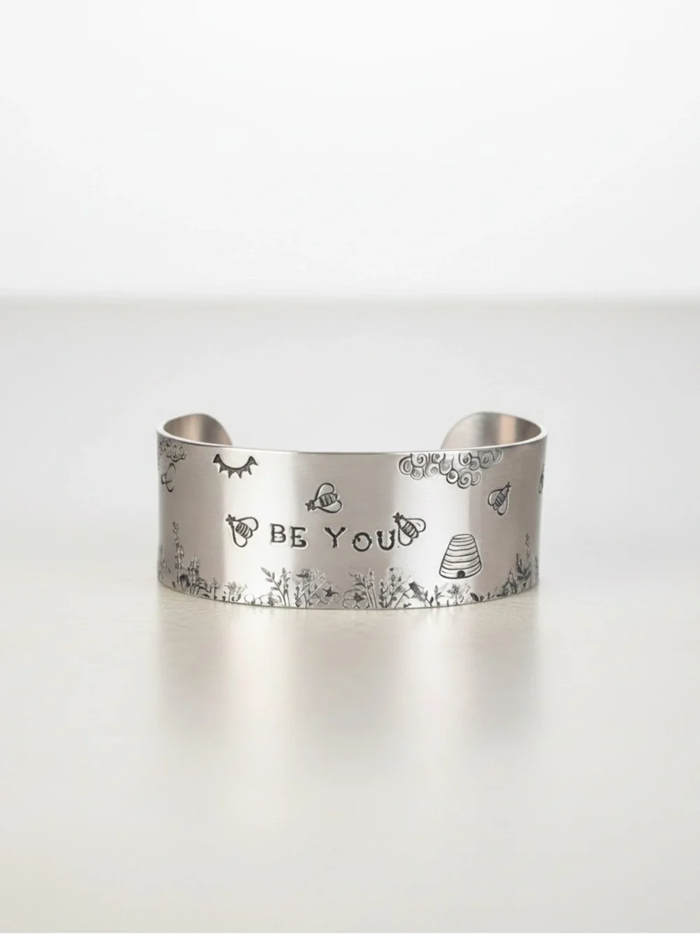 Handmade stamped Be You floral adjustable‎  hypoallergenic silver cuff bracelet